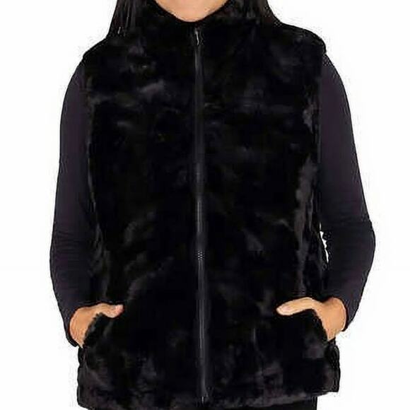 NICOLE MILLER ORIGINAL Womens Vest Medium Reversible Faux Fur Black Minimalist - Picture 3 of 12